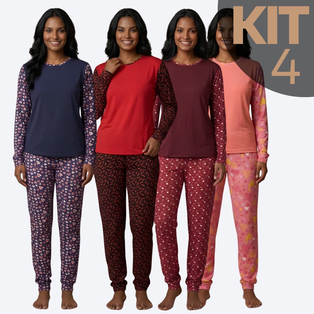 KIT 4 Pijamas Feminino Suede Estampado Inverno Longo Fechado Manga Comprida Conjunto Conforto Cores Variadas
