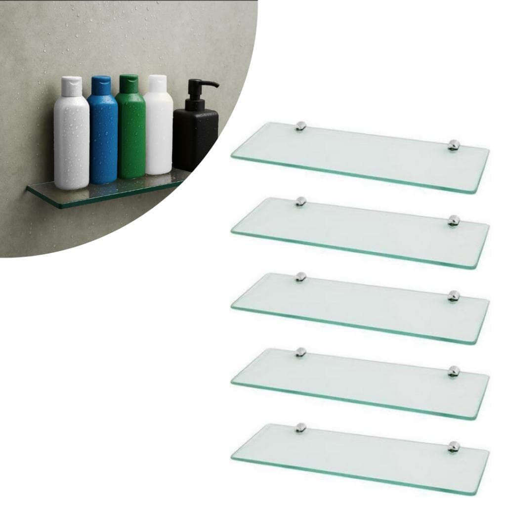 Kit 5 Prateleiras de Vidro Porta Shampoo 30cm Banheiro Fixação Dupla de Parede/Lavanderia