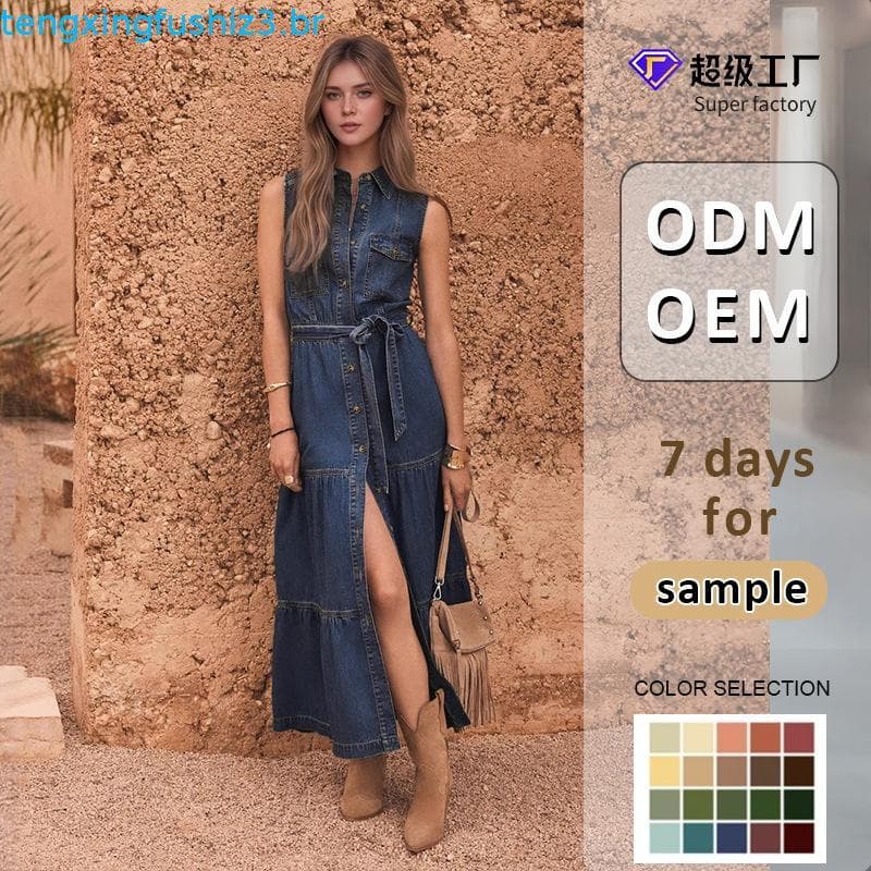 Vestido Jeans Longo Feminino Casual Verão – Sem Manga, Com Botões, Jeans Leve e Solto