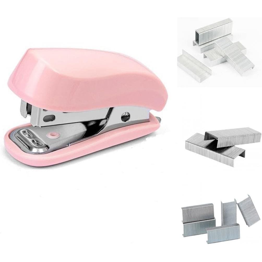 Grampeador Mini Rosa com Grampos, Grampeador Pequeno e Bonito para Mesa, Presente para Estudantes ou Uso em Escritório (