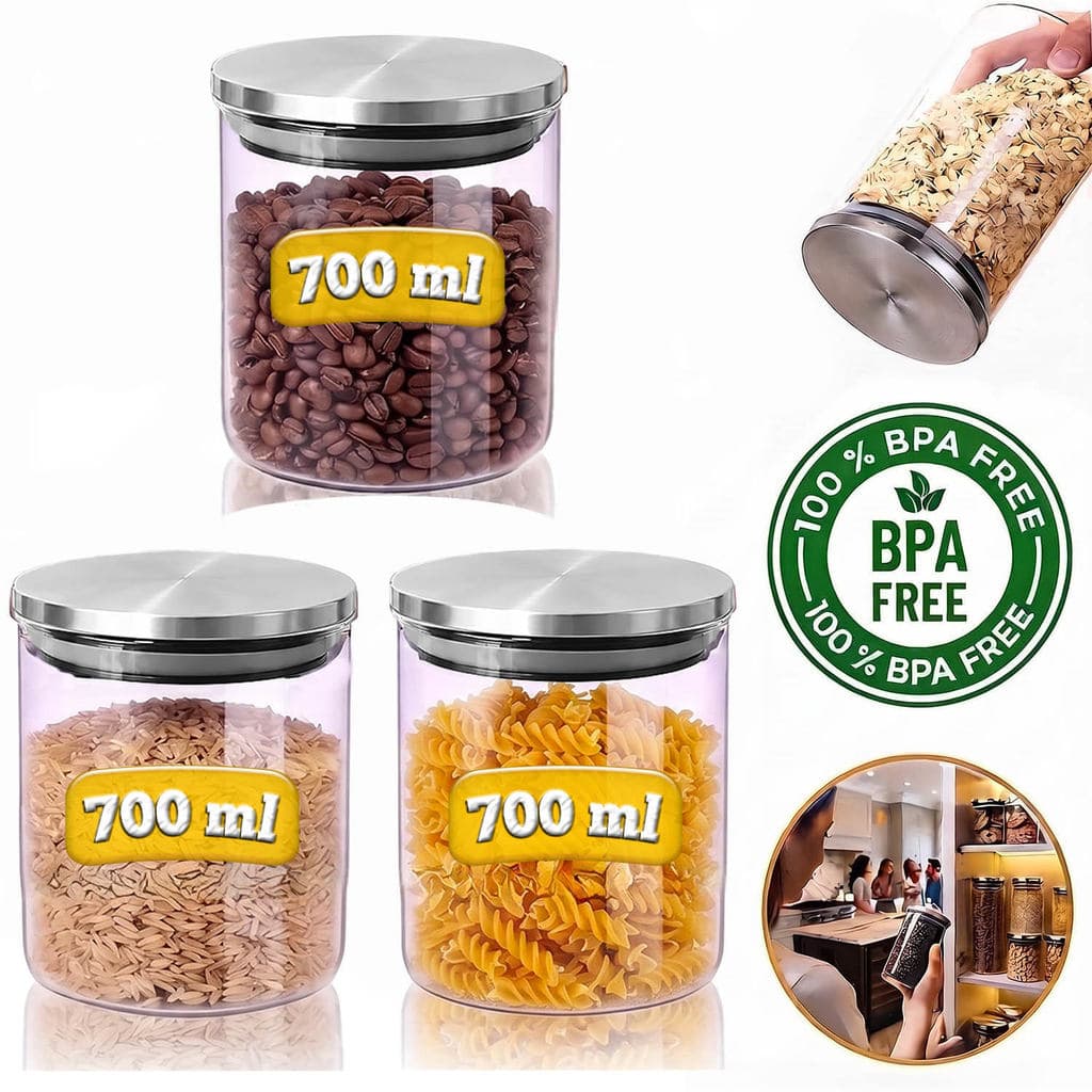 1,2,3 Potes de Vidro Liso Hermético 700ml Tampa Inox Anti Umidade - Organizador de Cozinha Prático