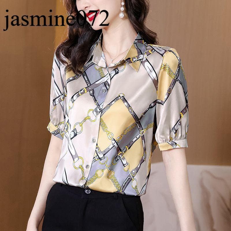 Top feminino tamanho grande camisa de seda de manga curta seda amoreira tecido impresso nicho luz Design de luxo 2026 pr
