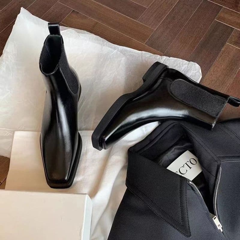 Elegante dedo do pé quadrado botas de salto grosso sola grossa couro genuíno botas curtas femininas 2025 outono inverno