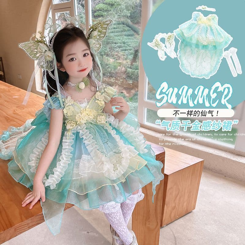 Meninas Fada Verde Lolita Princesa Saia Moda Aniversário Das Crianças Inchado Tule Bonito Estilo Conto De Fadas Vestido
