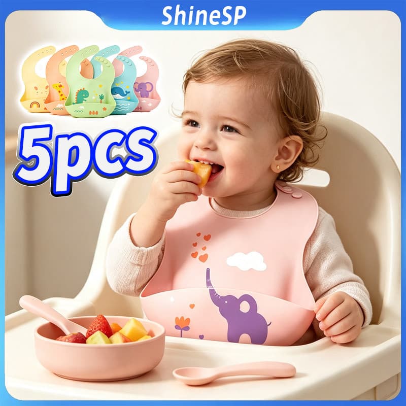 Kit 5pcs Babador De Silicone Impermeável Babador Menino De Alimentação Para Bebê Infantil Cata Migalhas