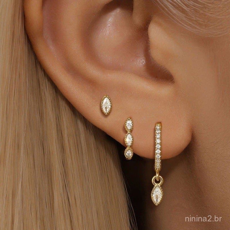 Kit 3 peças de brincos femininos prata 925, pingentes de oval incrustados com zircônia, banhados a ouro 18K
