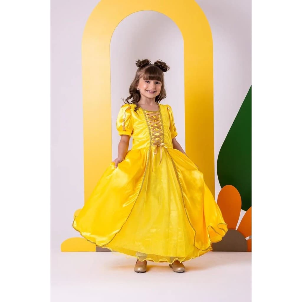Fantasia Infantil Princesa Bela e a Fera Menina Vestido Luxo Festa Aniversário Amarelo
