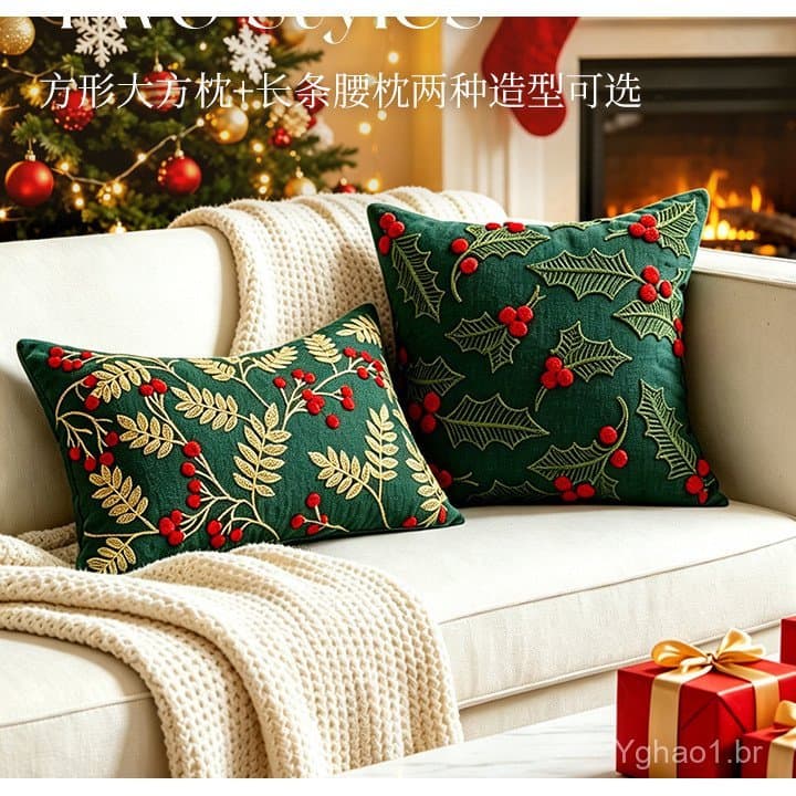 Capa de almofada bordada com árvore de Natal, almofada de pelúcia verde para decoração de festas, capa de almofada para
