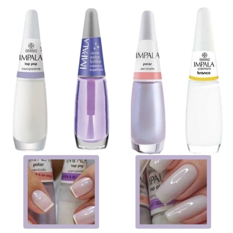 Kit Unha Francesinha 4 Esmaltes Impala Branco Cremoso Top Pop Polar Extra Brilho 7,5ml