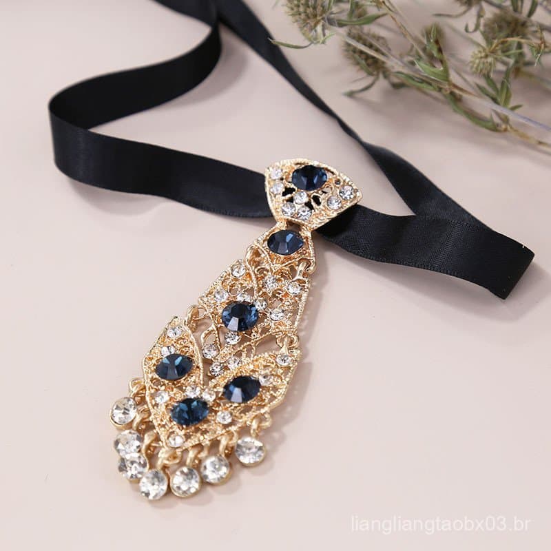 Gravata pequena masculina com detalhes de diamante metálico, gravata para vestido de casamento, gravata de cristal brilh