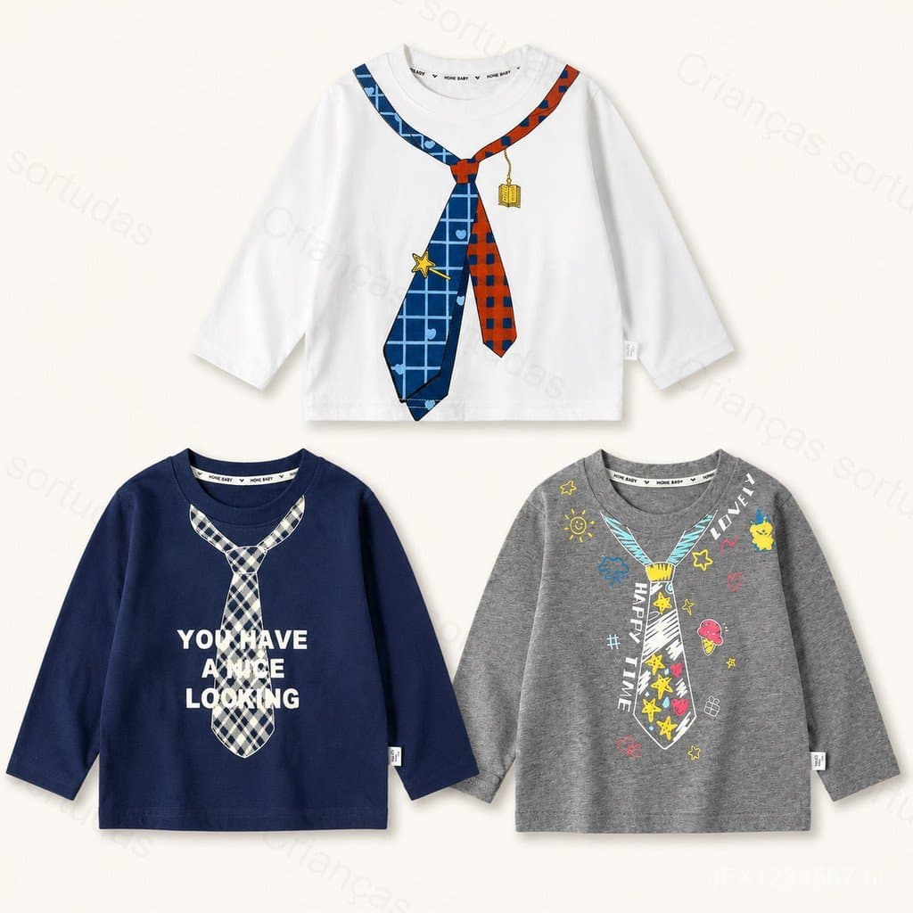 Camiseta de Manga Longa para Meninos, 100% Algodão com Estampa de Gravata Falsa, Estilo Universitário, Camiseta Base Res