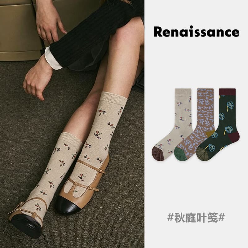 Renaissance 3 pares meias femininas originais outono inverno cor combinando flor meias de tubo médio desossadas algodão