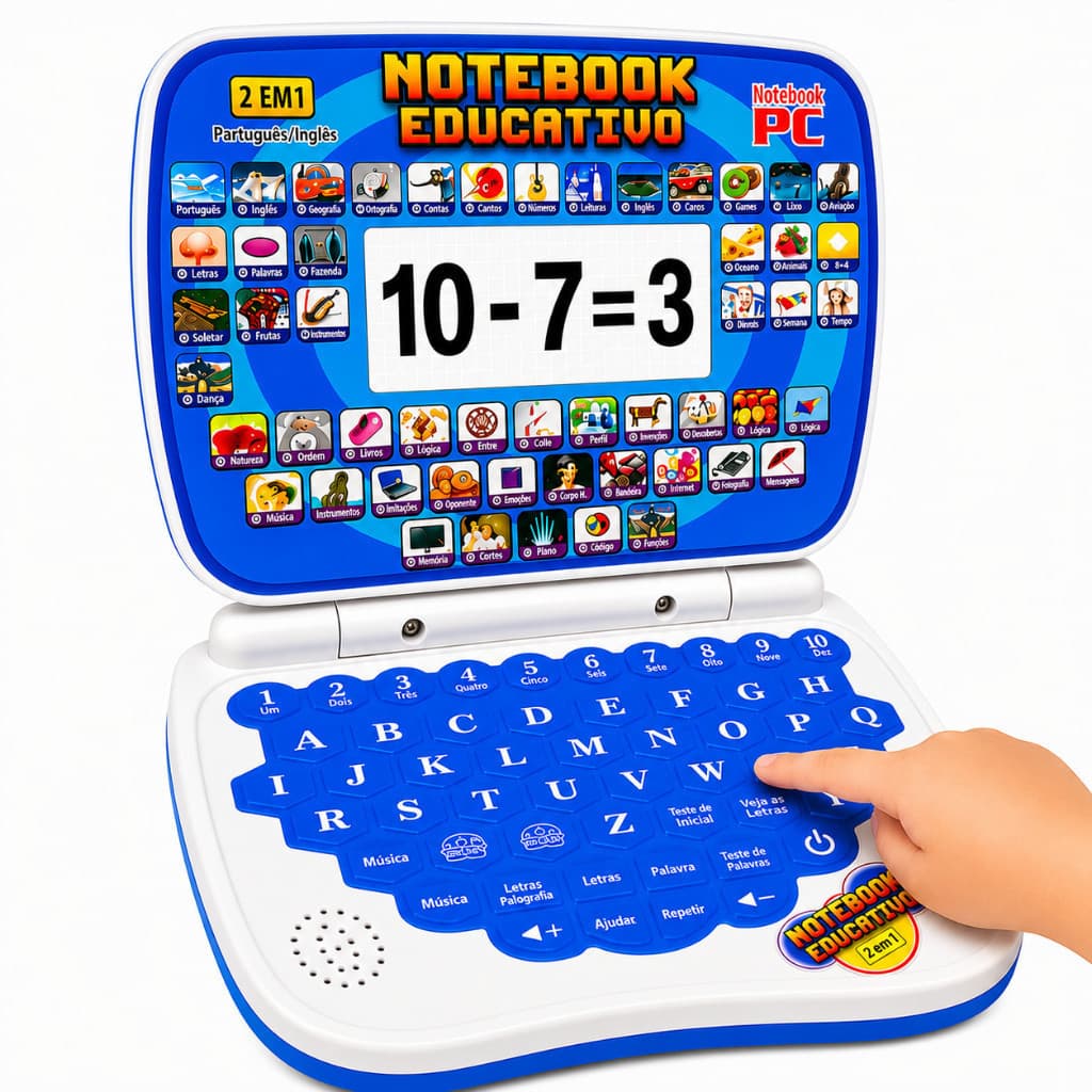 Laptop Infantil Educativo Interativo Azul Menino Brinquedo 2 em 1 Aprendizado Inglês Espanhol