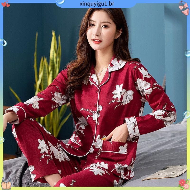 100% High-End senhoras pijamas primavera outono manga comprida Cardigan terno versão coreana doce mais gordura pós-parto