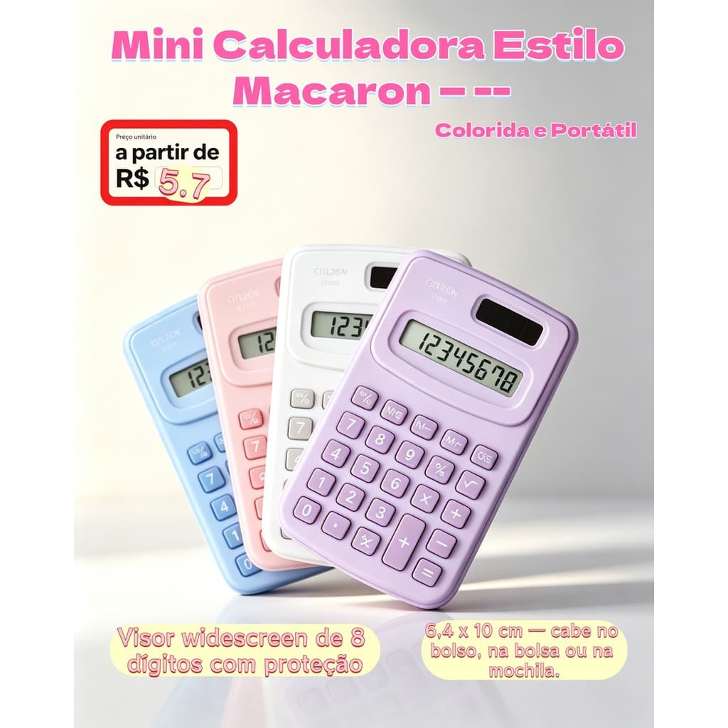 Atacado Kit 3/5/10 Mini Calculadora Bolso 8 Dígitos Macaron | Portátil ABS Cores Sortidas | Escola Escritório Presente