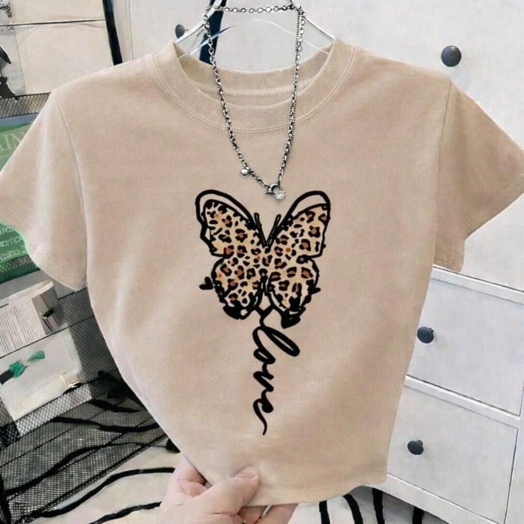 Camiseta Cropped Feminino Estampa De Borboleta E Onça Top De Manga Curta Todas As Ocasiões