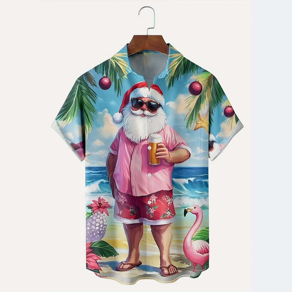 2026Temu Camisa masculina de venda quente estilo Havaí Santa Beach 3D impressa camisa de manga curta