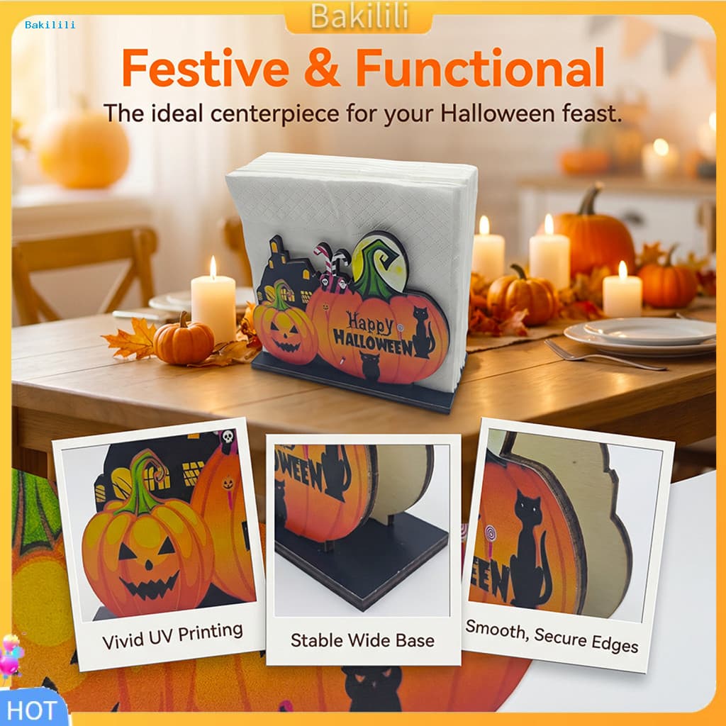 { Bakili } Detalhes Sazonais Para Casa Porta-Guardanapos De Halloween Madeira-Dispensador De Tecido De Mesa De Abóbora F