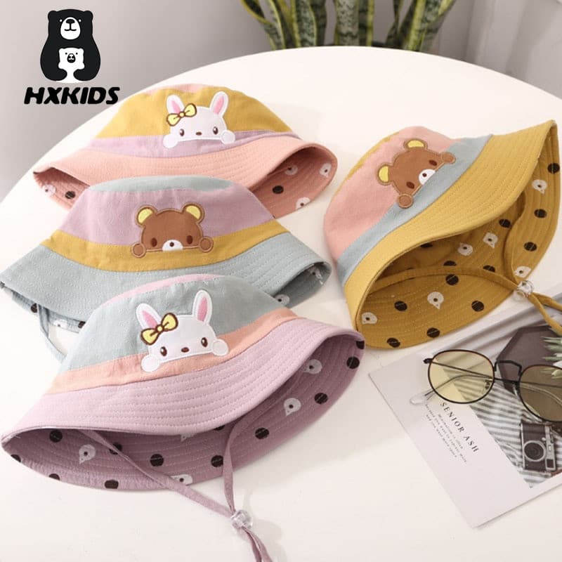Bonito Coelho Urso Crianças Balde Chapéu Primavera Verão Protetor Solar Algodão Meninos Meninas Pescador Boné Com Cordas
