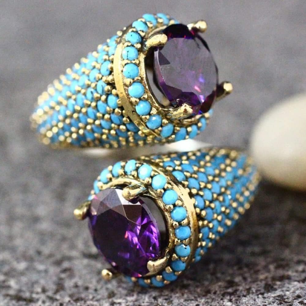 Anel Aberto de Ametista Banhado a Ouro 14K com Anéis de Turquesa em Ambos os Lados, Joia de Casamento para Mulheres, Ane