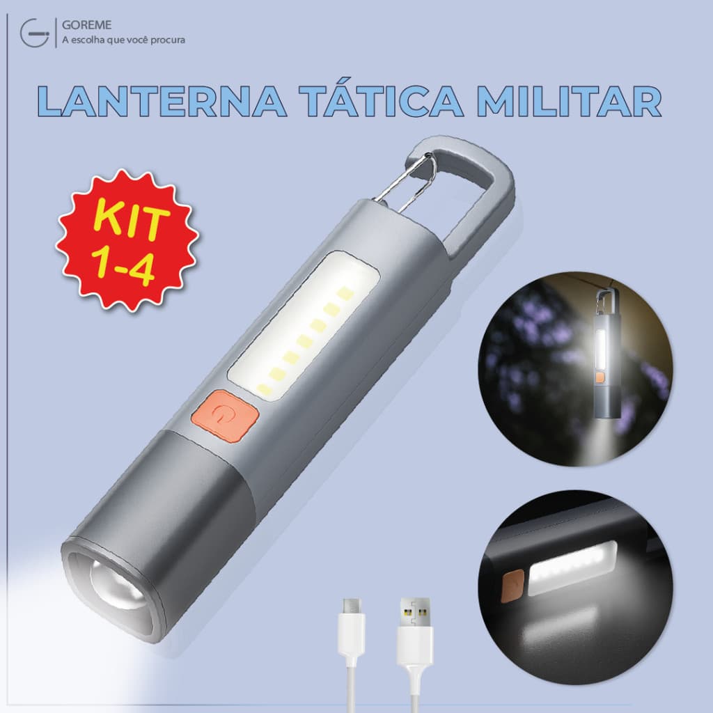 Lanterna Tática Led Recarregável Com Gancho e Zoom 1000LM Luminária com USB Luz Lateral