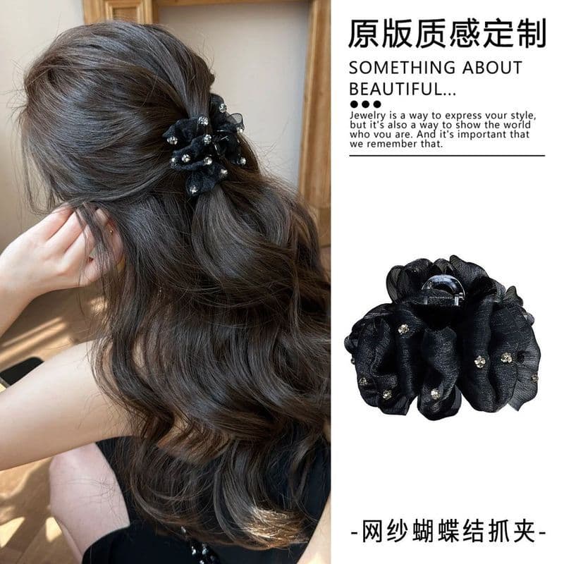 Pronto estoque gaze Bowknot strass pequeno garra clipe feminino 2026 novo estilo High-End grampo de cabelo franja latera