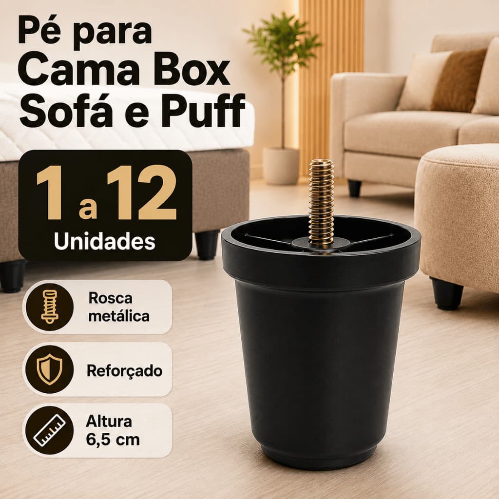 Pé para Cama Box Sofá Puff Rack 6 cm Preto Reforçado Rosqueável 1 a 12 Unidades