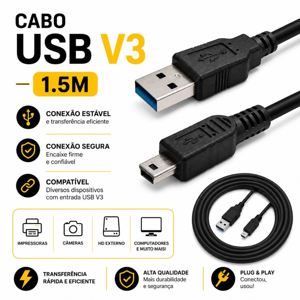 Cabo USB V3 1,5m para Impressora, HD Externo e Câmera – Alta Qualidade