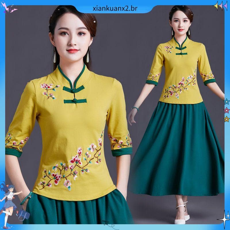 Estilo étnico topo novo estilo Retro estilo chinês bordado manga de três quartos gola alta abotoado costura superior de