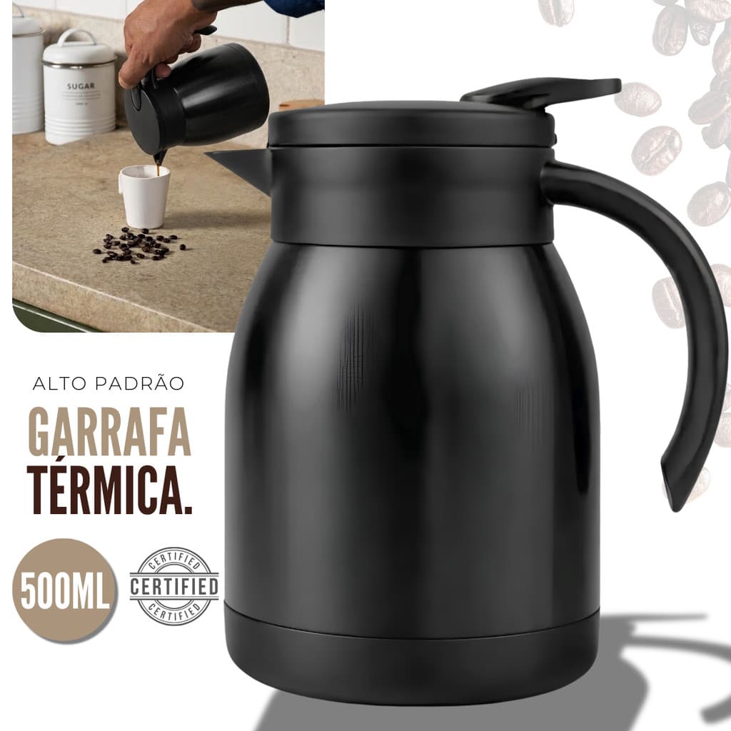 Bule Térmico Garrafa Aço Inox 500ml Café Chá Com Alça Elegance Moderna Preto