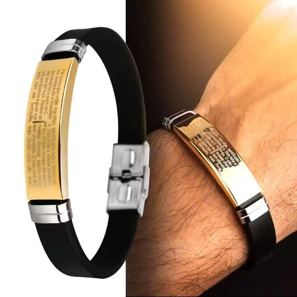 Pulseira Masculina em Silicone e Aço Inoxidável 22cm Estilo Moderno Presente para Pai Marido Namorado