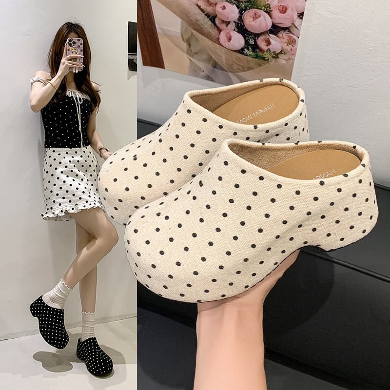 Verão novo estilo boca rasa meia chinelos feminino, estilo coreano de sola grossa simples dedo do pé redondo bolinhas de