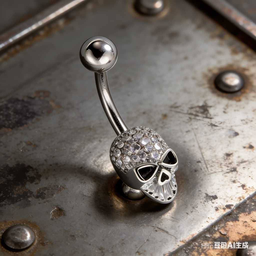 Piercing de Umbigo Caveira em Aço Inoxidável 316 com Zircônias — Estilo Rock