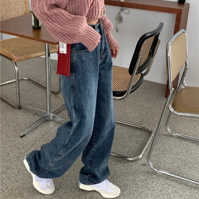 Outono versão coreana Retro cintura alta solta pai Jeans feminino All-Match mais magro olhar em linha reta perna larga c