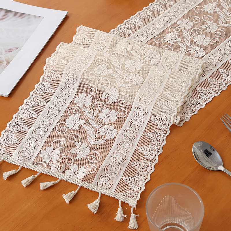 Caminho de Mesa de Renda com Franjas Decorativas, Modelo Oca à Prova de Poeira