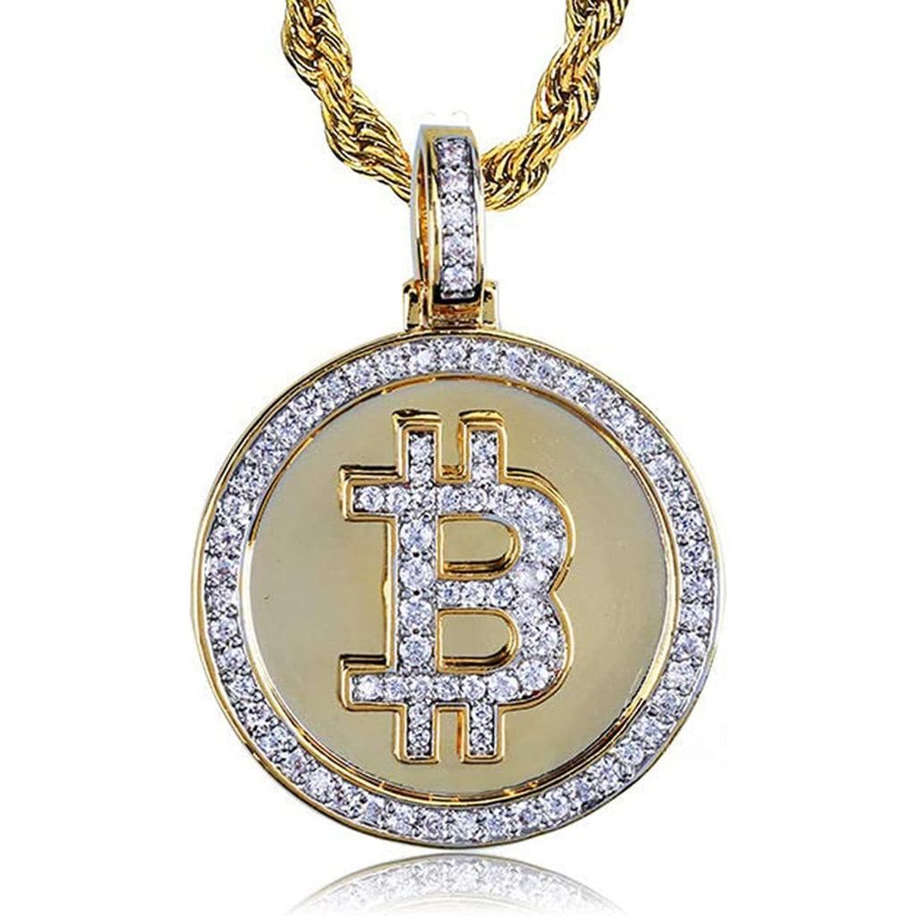 JAJAFOOK Colar com Pingente de Bitcoin em Ouro 14K com Diamantes Simulados CZ e Corrente de Corda