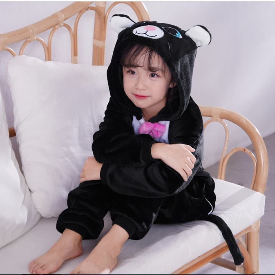 Desenhos animados meninos meninas bonito gato branco Animal pijamas de uma peça desempenho traje gato preto flanela casa