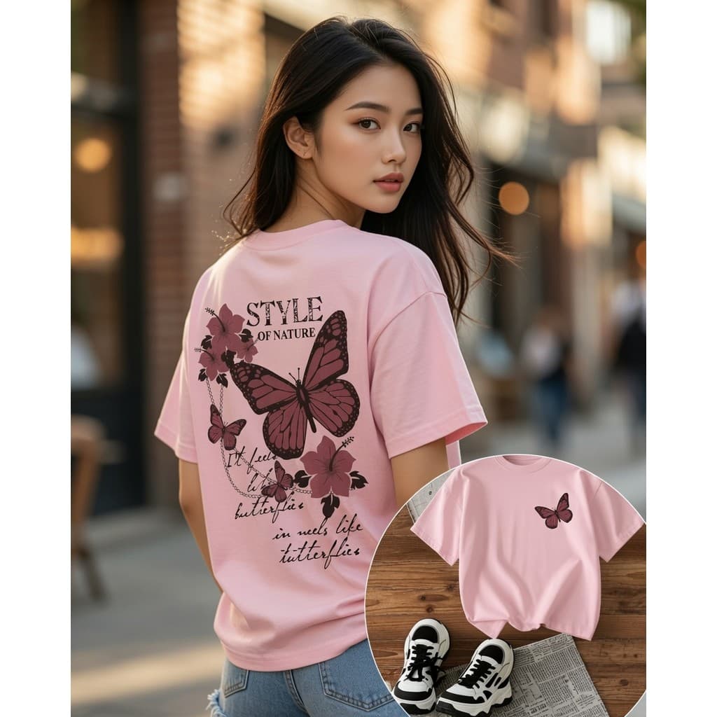 Camiseta Feminina Casual Manga Curta Gola Redonda Estampada Borboleta Rosa 100% Algodão Estilosa Moda Fashion