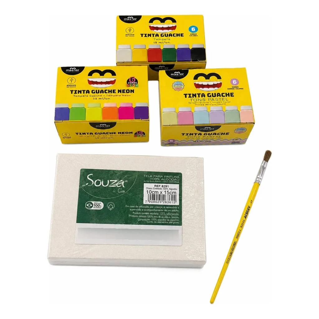 Kit Pintura Tela + Pincel + 3 Tintas Guache Master