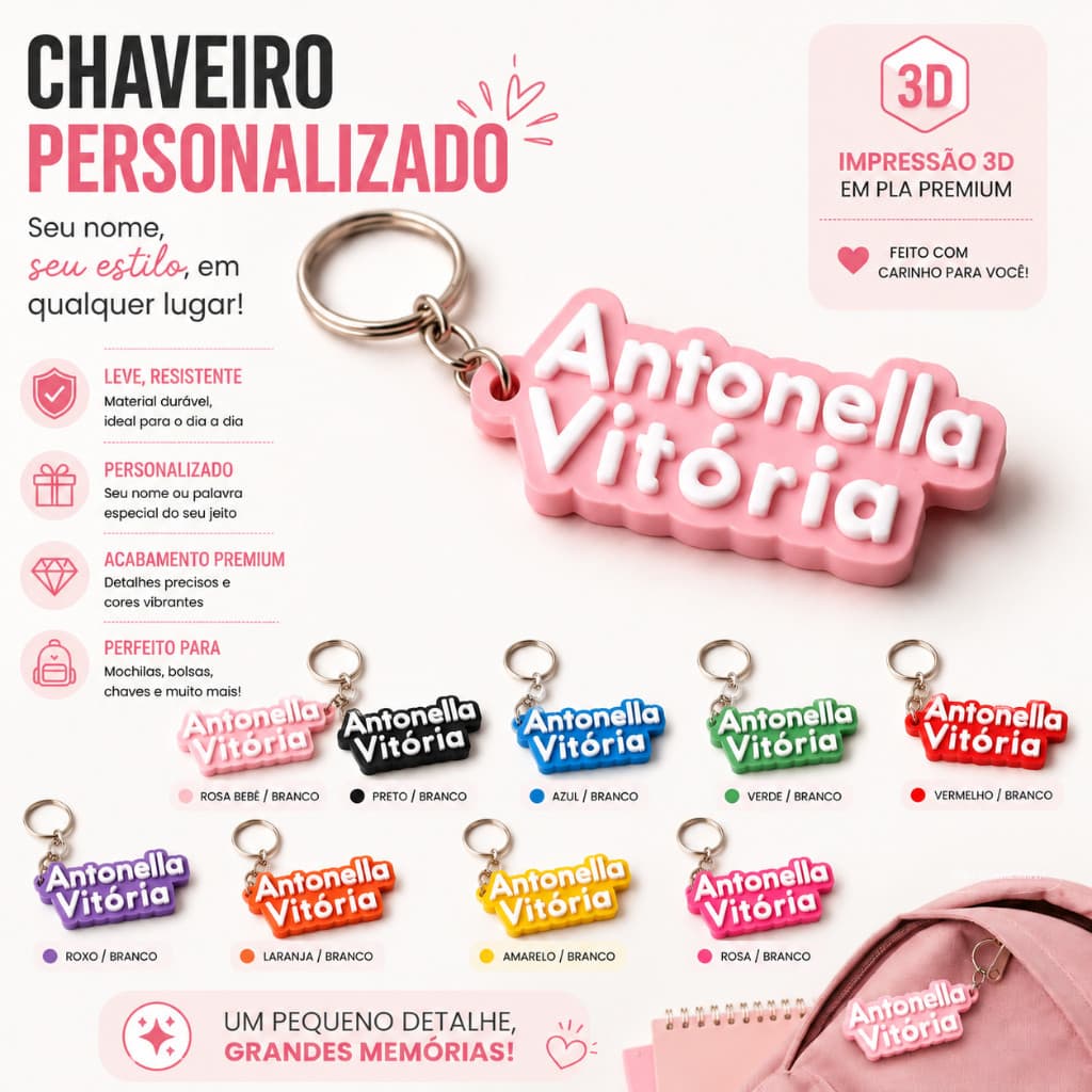 Chaveiro com nome personalizado em 3D para Mochilas