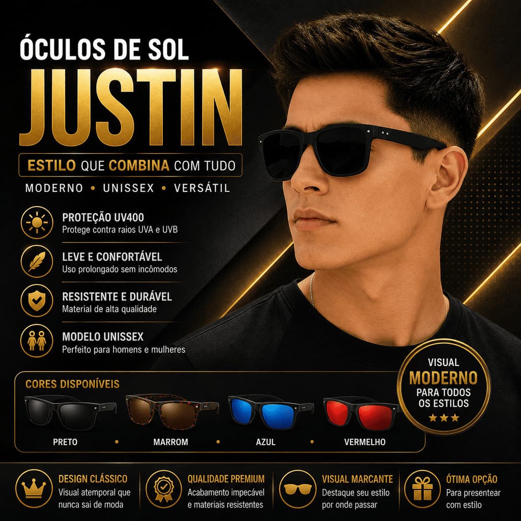 Óculos de Sol Justin Unissex Quadrado em Acetato UV400 | Diversas Cores | Estilo Casual e Moderno