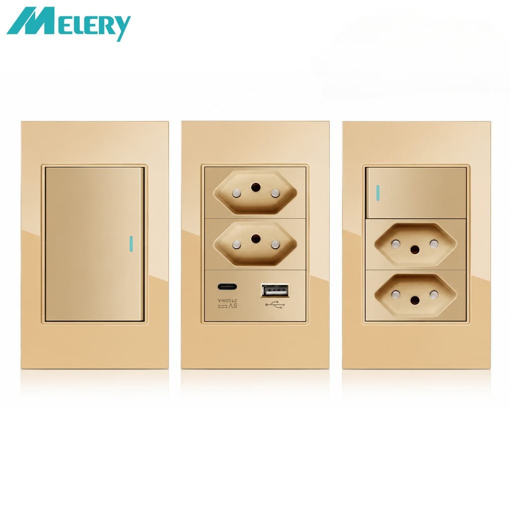 Melery Brasil Tomada De Parede 20A USB Tipo-C Interruptor De Pressão Vidro Temperado Ouro Painel Jack Escritório Em Casa
