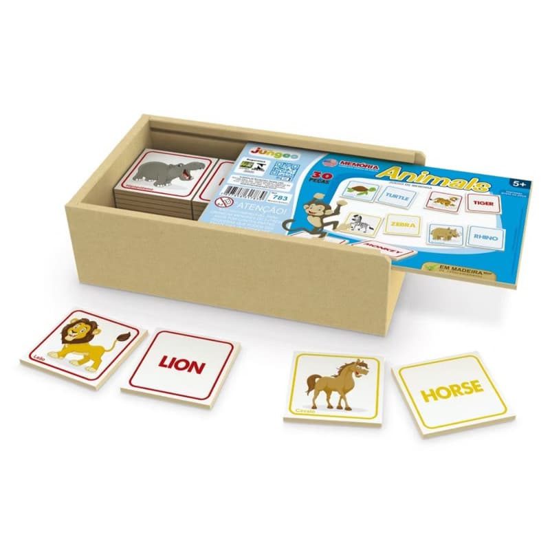 Jogo da Memória Animais em Inglês com Estojo de Madeira - 30 Peças Junges