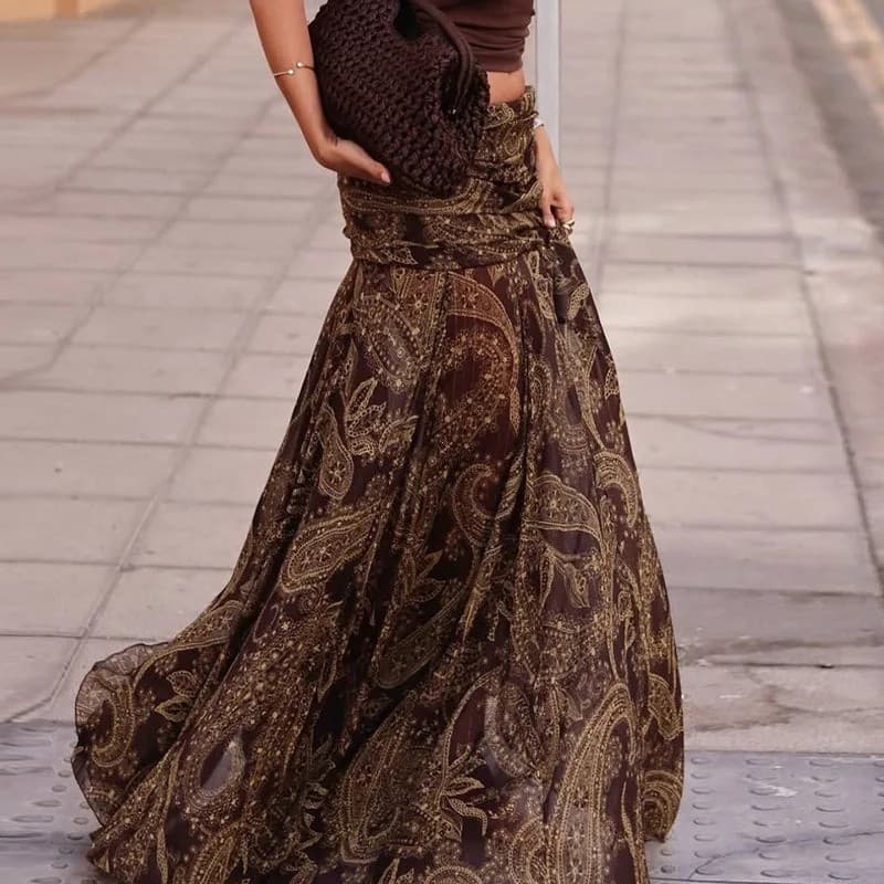Saia Longa Rodada Irregular Estampada para Mulheres, Cintura Alta, Cobre o Bumbum, Saia Maxi em A-Line, Estilo Vintage