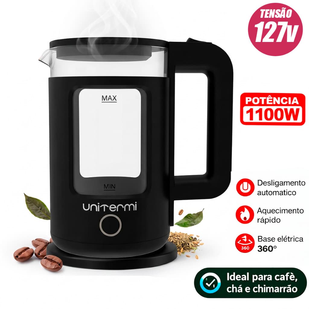 Chaleira Térmica 1,5L Elétrica de Vidro Com Desligamento Automático 1100W 127v Unitermi Mali Preta