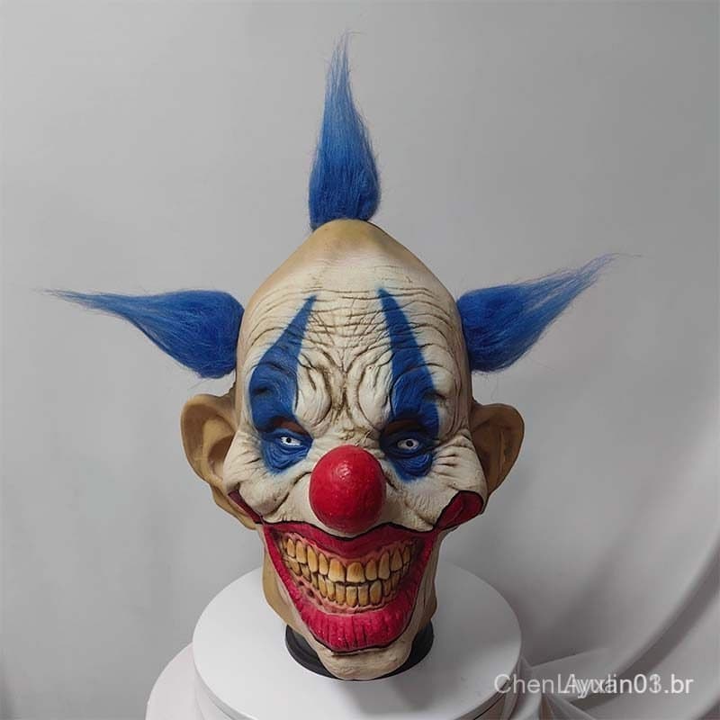 Máscara Assustadora de Palhaço Joker de Cabelo Azul, Máscara de Látex de Rosto Inteiro com Nariz Vermelho, POA1 EFKF