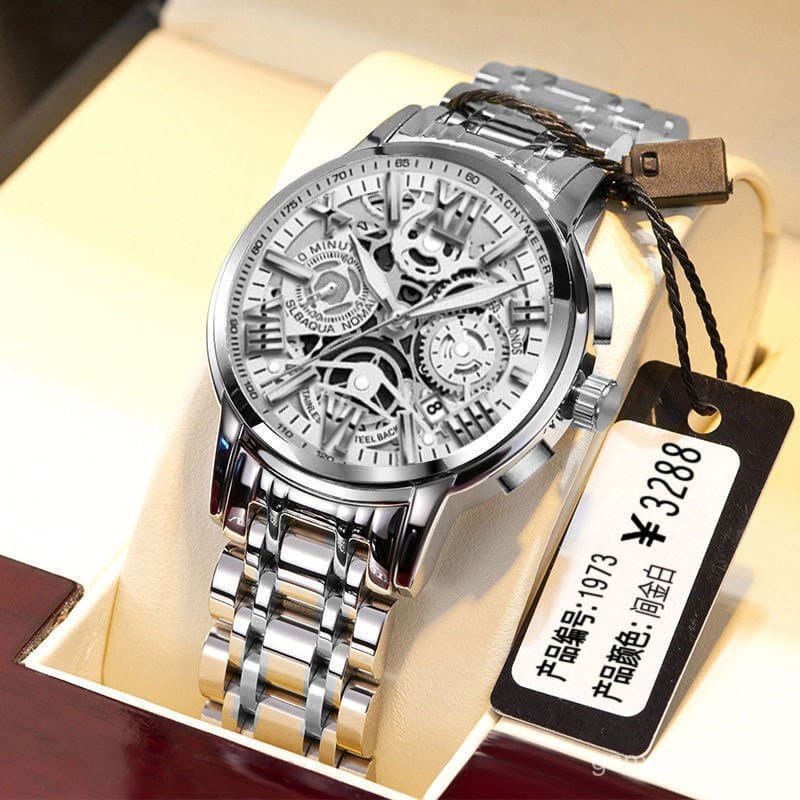 Relógio mecânico totalmente automático popular, simples e elegante, masculino, com design vazado, moderno, à prova d'águ
