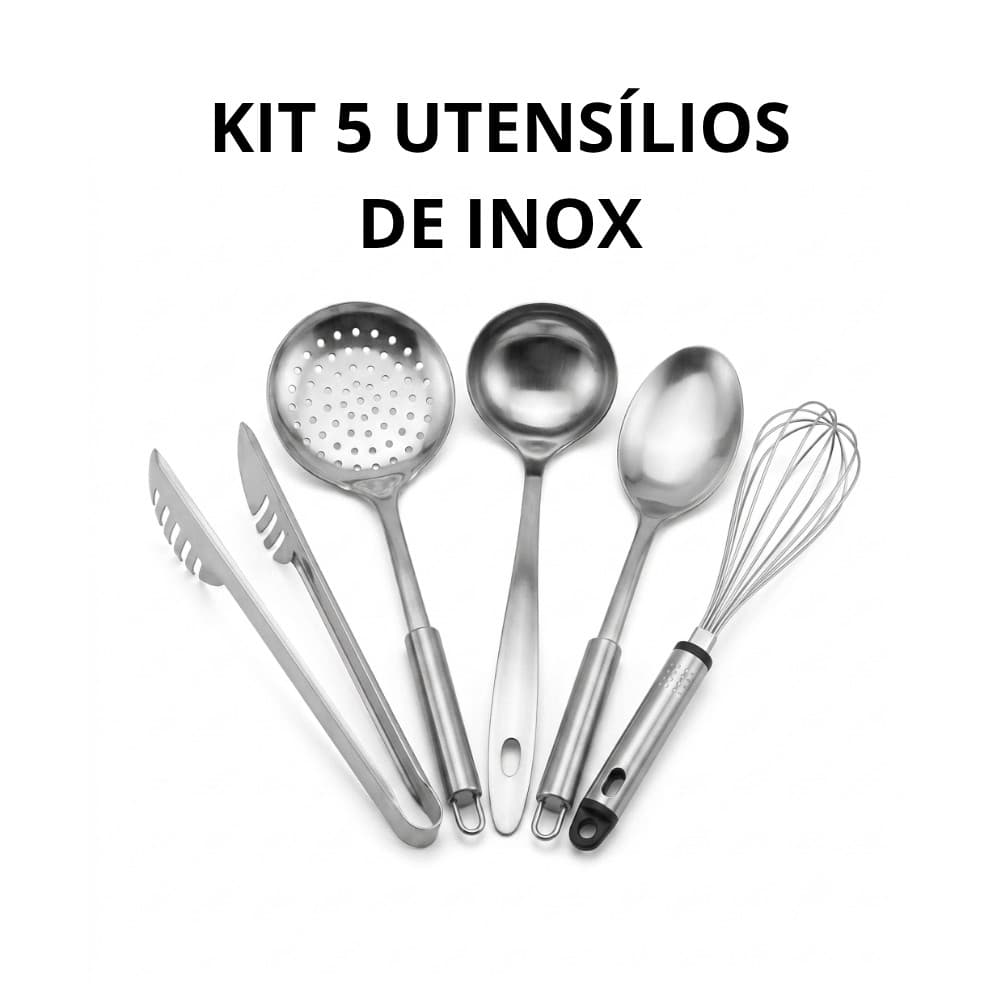 Kit 5 Utensílios para Cozinha em Geral Inox Concha de Feijão Pegador de Massas Escumadeira Colher de Arroz Fouet