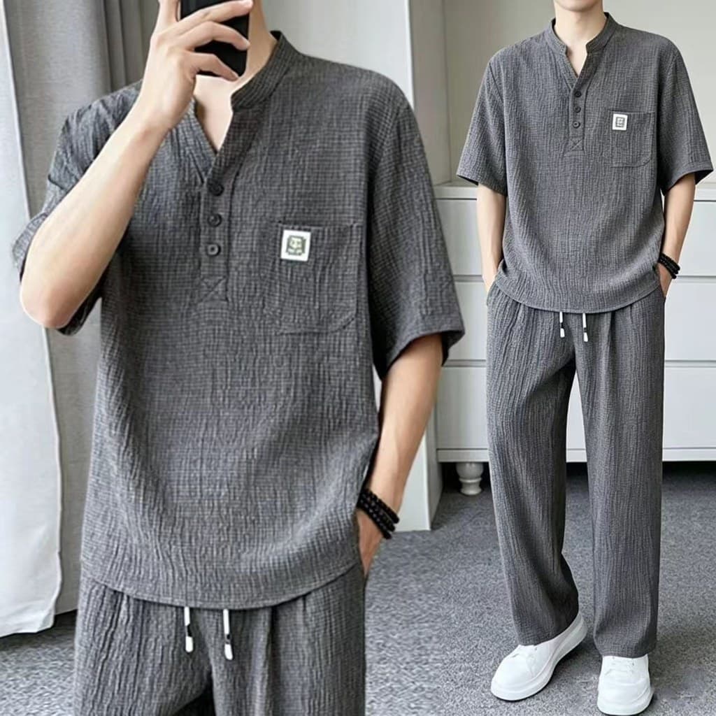 Estilo chinês seda gelo respirável Casual terno masculino solto All-Match com decote em V calças de manga curta terno de
