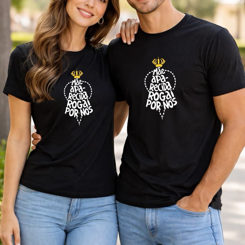 Camiseta Católica Nossa Senhora Aparecida Kit Casal 2 Unidades – Camisetas Religiosas Algodão Premium Leve Confortável